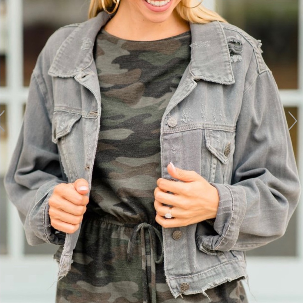 Distressed gray denim jacket Mint Julep Boutique